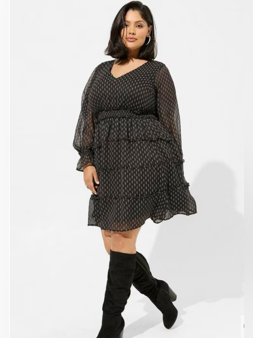 Torrid Black Printed V-Neck Lurex Chiffon Tiered Mini Dress with Pockets Size 2X